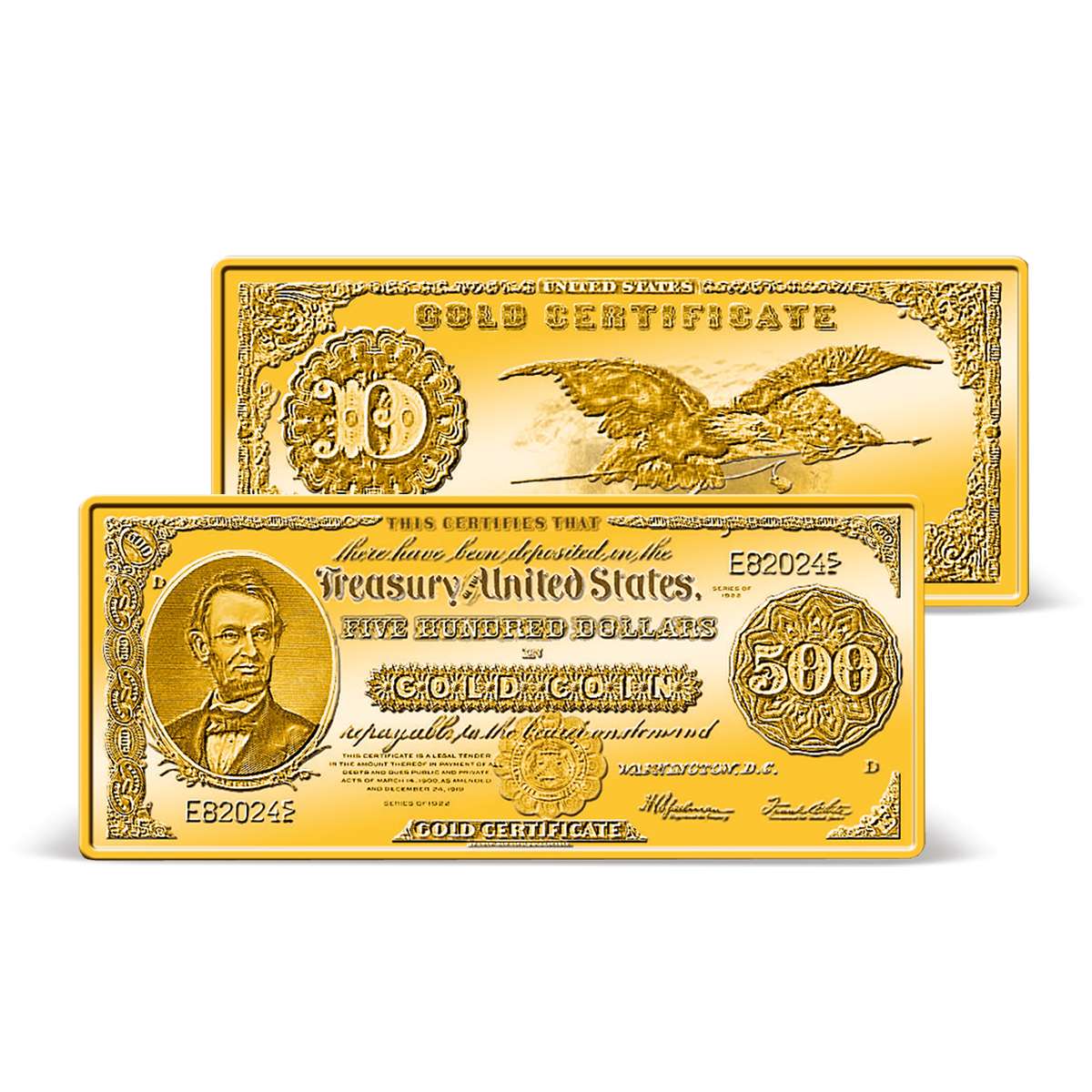 1922 500 Gold Certificate Ingot Gold Layered Gold American Mint